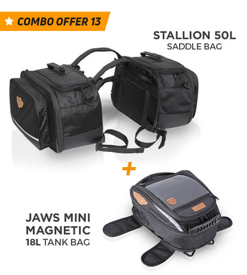 Combo 13: Stallion 65L Saddle Bags plus Jaws Mini Magnetic 18L Tank Bag with Waterproof Rain Covers Included